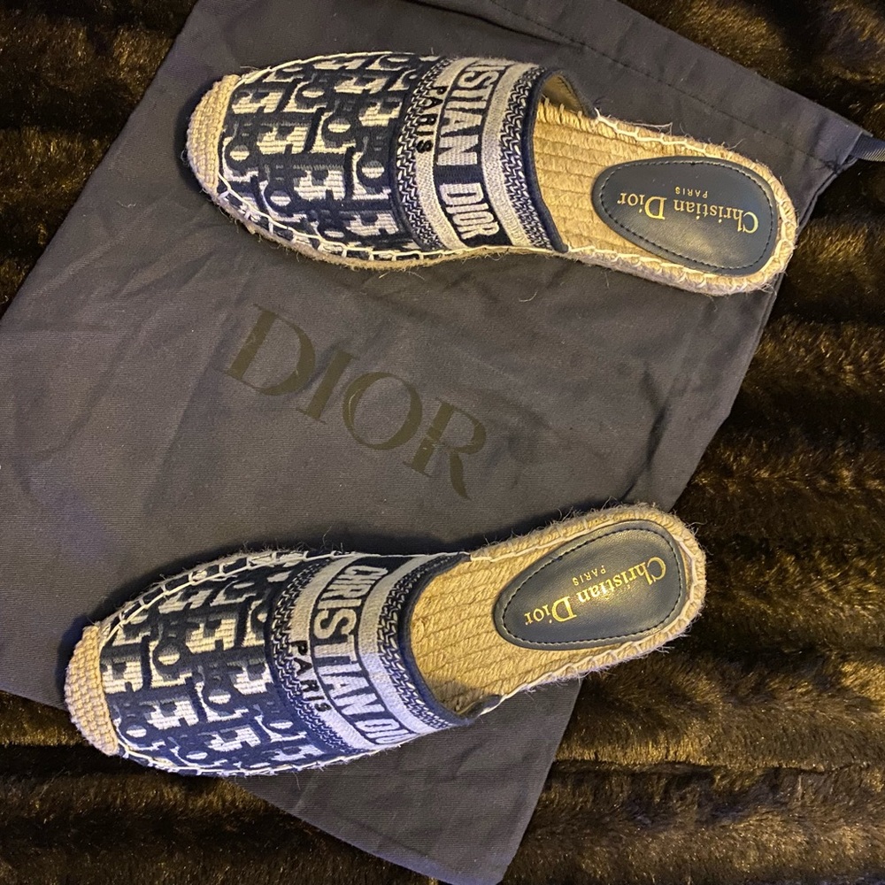 Women's Dior Granville Embroidered D Stripe Cotton Flat Espadrille Mule Slide